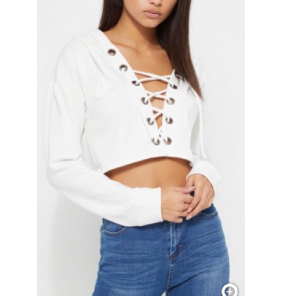 Tops - Ivory Lace Up Cropped Hoodie
